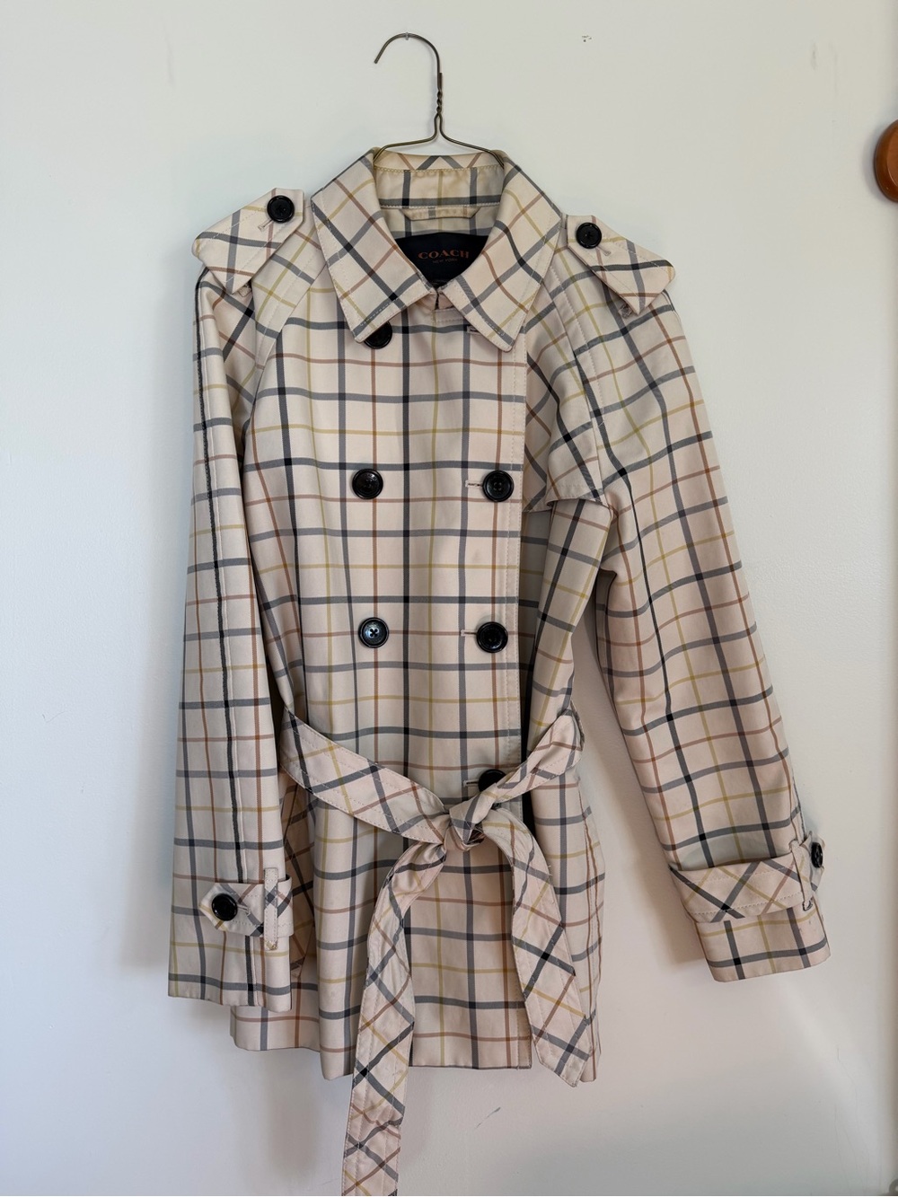 Coach Plaid Double-Breasted Beige Trench Coat